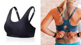 Runderwear Original Running Bra , front view of bra in black, rear review of model doing clasp on a blue colourway