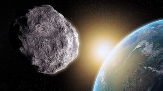 In this artist&#039;s illustration, an asteroid passes close to Earth.