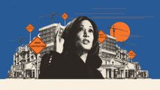 Illustration of Kamala Harris in front of a housing construction site