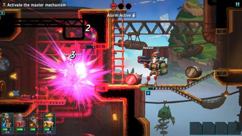 An enemy being blown up with a rocket launcher in SteamWorld Heist 2.