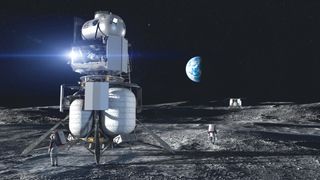 a cylindrical spacecraft sits upright on the surface of the moon