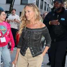 Sarah Jessica Parker is seen filming a dinner date scene on the set of "And Just Like That" on June 28, 2024 in New York City. 