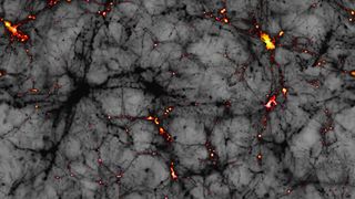 graphic illustration of what dark matter. Large black &quot;veins&quot; run through a grey background with sparks of light appearing through &quot;cracks&quot; in the image. 