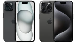 A pair of Apple iPhone 15 and iPhone 15 Pro handsets in Black, seen from the front and behind on a white background.