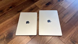 At home with 15-inch MacBook Air, on a mosaic balcony table and on a wooden floor.