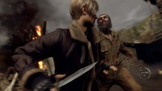 Leon stabbing a villager in the Resident Evil 4 remake.