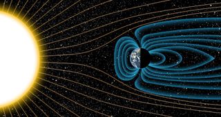 An illustration of how Earth's magnetic field protects the planet from solar radiation.