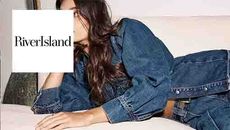 The River Island logo over a woman dressed in fashionable clothing