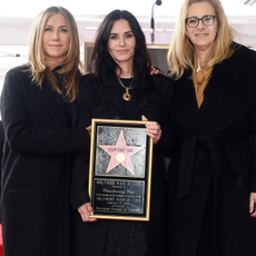 Jennifer Aniston, Courteney Cox, and Lisa Kudrow at the star ceremony where Courteney Cox is honored with a star on the Hollywood Walk of Fame on February 27, 2023 in Los Angeles, California.