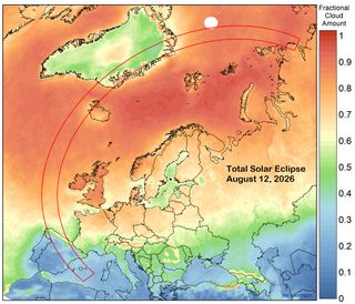 cloud cover map showin less cloud cover over the path of the eclipse over Spain and increasing cloud cover over Iceland and Greenland