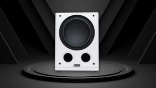 White Richter subwoofer on a black display mount