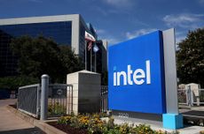 an Intel sign posted in front of the company's headquarters in Santa Clara, California