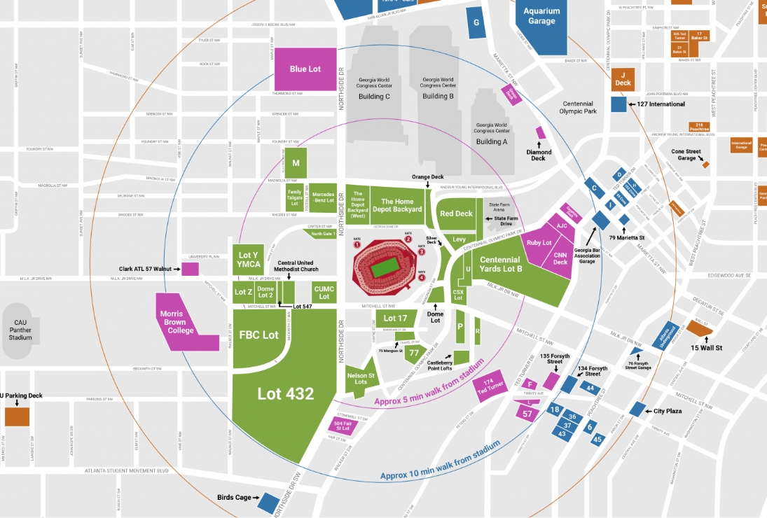 Mercedes-Benz Stadium parking lot map from overhead showing a diagram of each available lot for event days