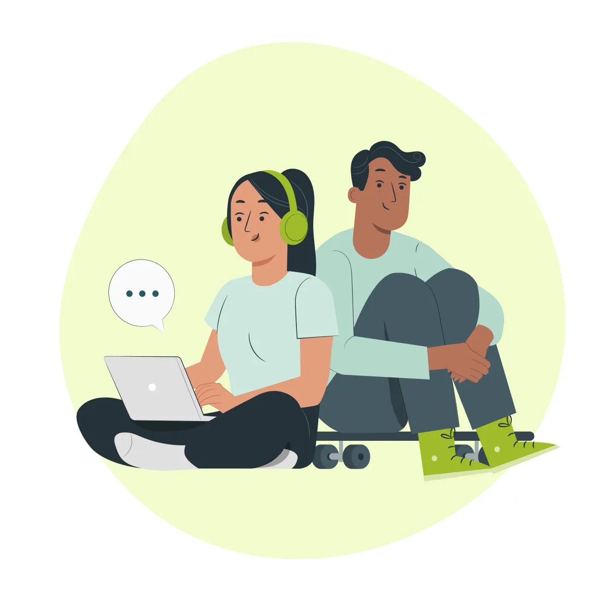 Illustration of teenage girl sitting cross legged wearing headphones with a laptop next to a teenage boy sitting on a skateboard