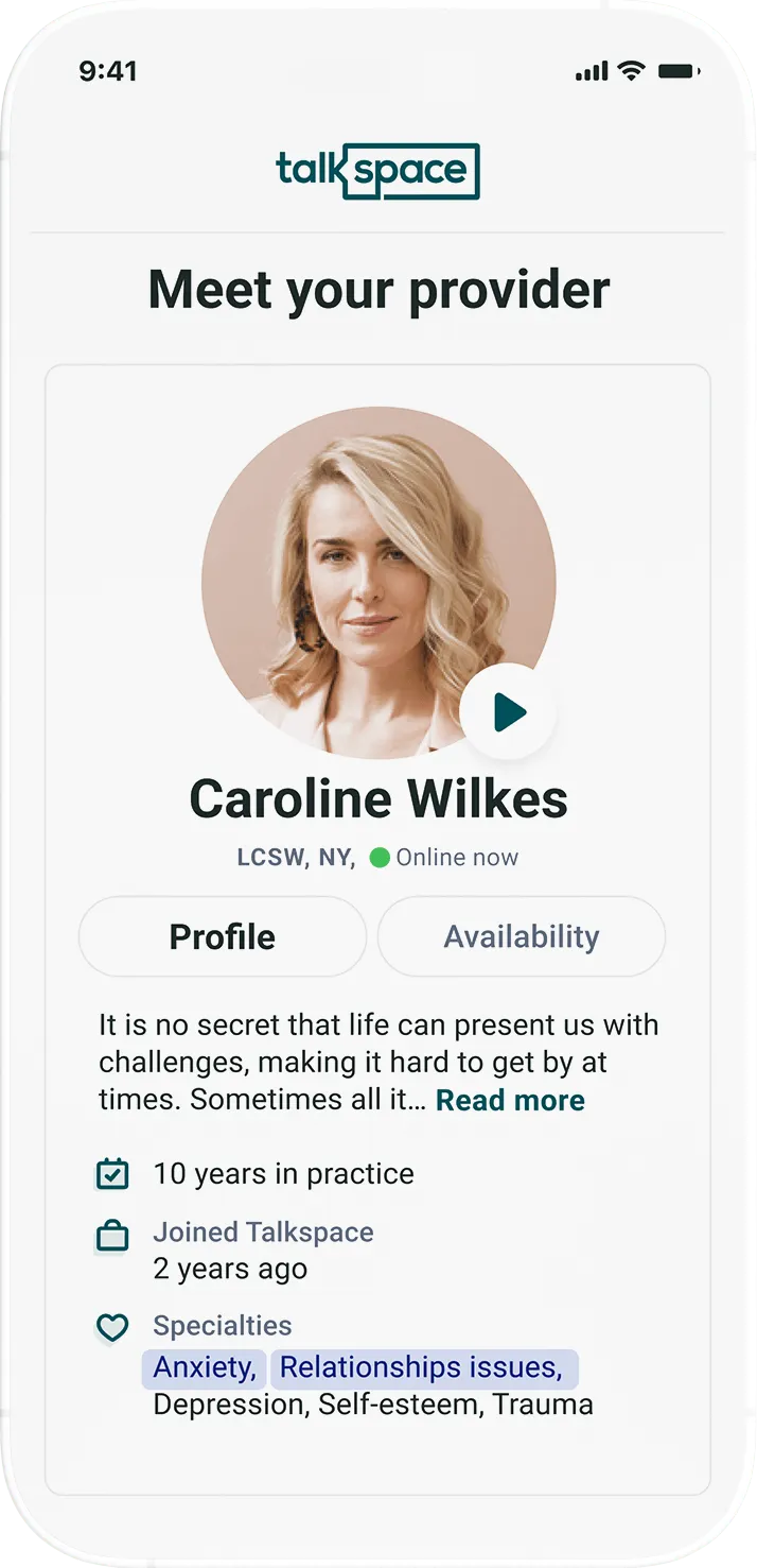 Phone screen showing Talkspace provider screen
