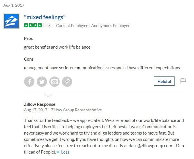 Glassdoor review of ZIllow