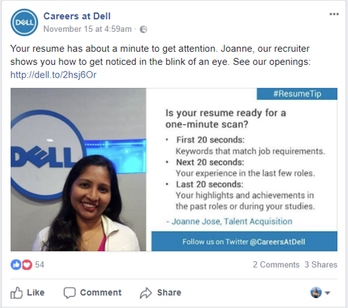 Dell's social media post with resume tips