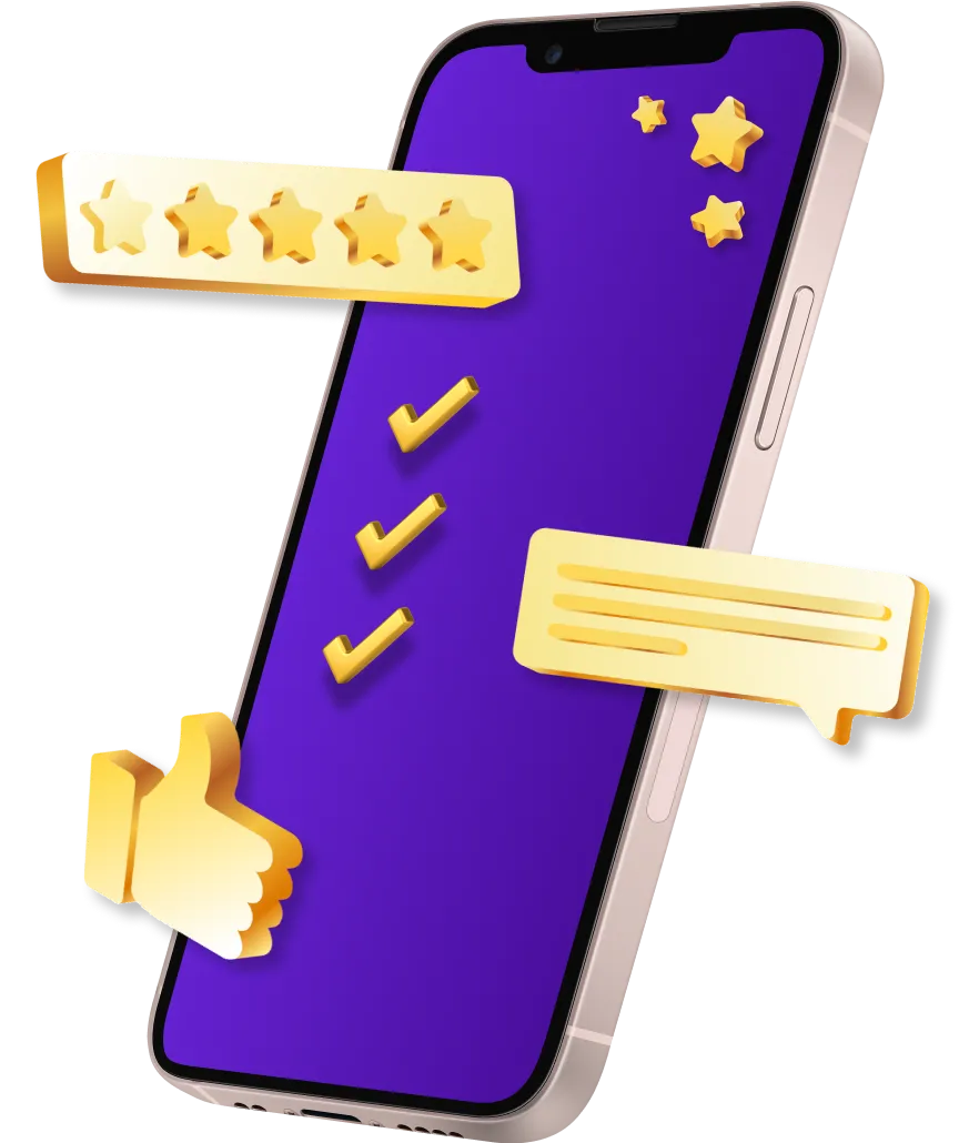 A smartphone with gold icons around it, including 5 stars, a thumbs-up, and checkmarks. 