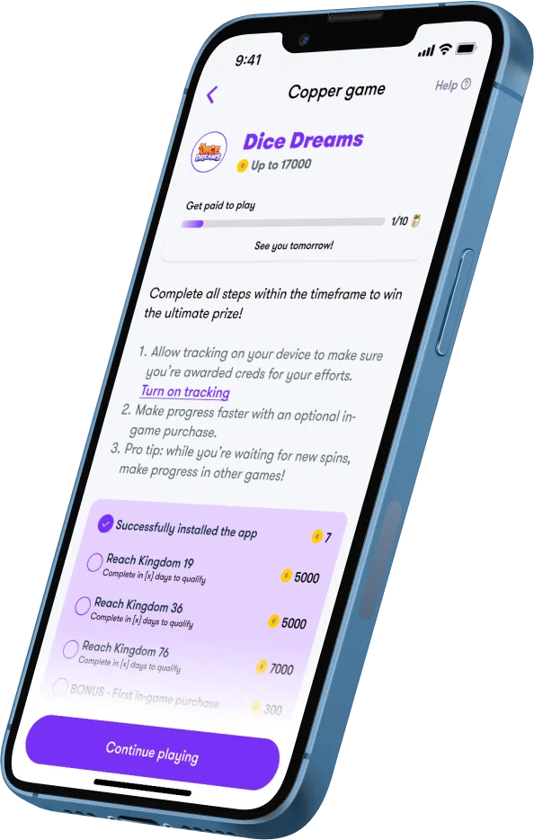 A smartphone displaying the Copper games screen with the Dice Dreams game guide and potential reward earnings of 17,000 creds.