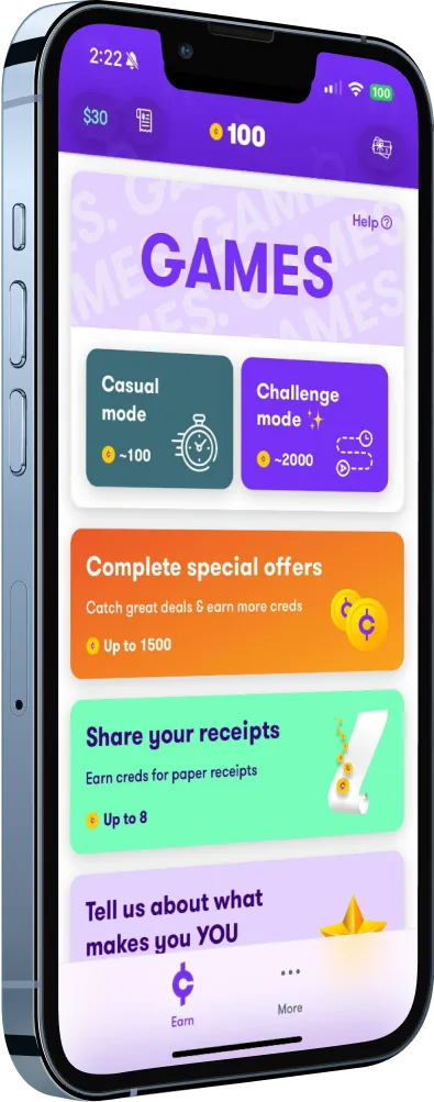 A smartphone displaying the Copper Earn tab with the Games, Offers, and Receipts selections pictured.