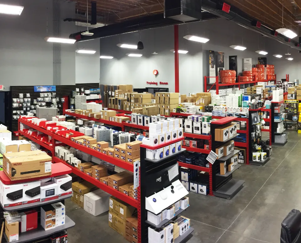 Warehouse storefront with products lined up on the shelves