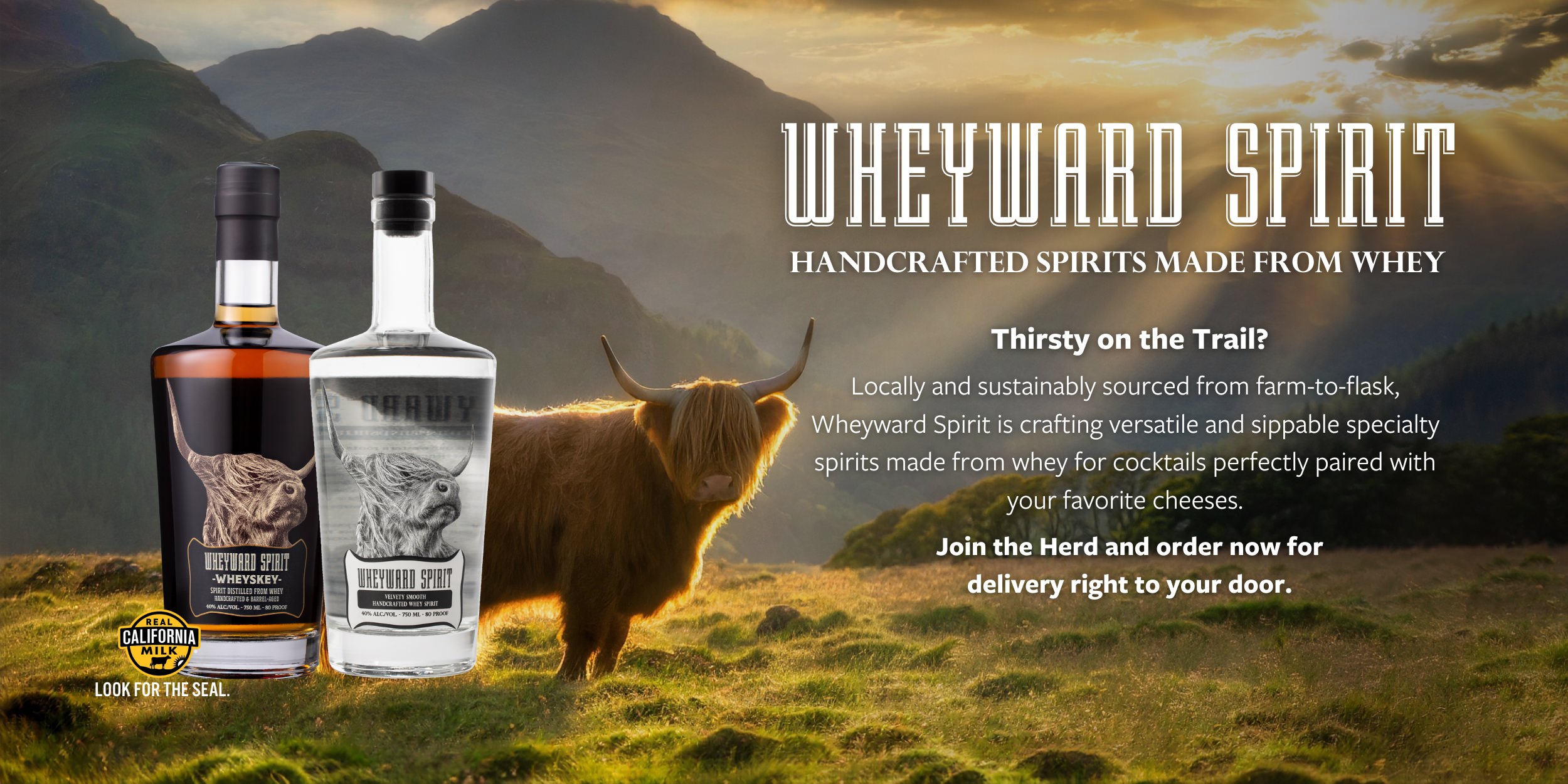 This is an advertisement from WHEYWARD SPIRIT. It states: WHEYWARD SPIRIT
HANDCRAFTED SPIRITS MADE FROM WHEY.

Thirsty on the Trail?

Locally and sustainably sourced from farm-to-flask,
Wheyward Spirit is crafting versatile and sippable specialty spirits made from whey for cocktails perfectly paired with your favorite cheeses.

Join the Herd and order now for delivery right to your door. 

The image depicts a fuzzy brown cow with large horns standing in a lush field. There are rolling hills in the background and dramatic sun beams. Two bottles of Wheyward Spirit and Wheyward Wheyskey are also shown to the left. Visit WheywardSpirit.com to learn more.