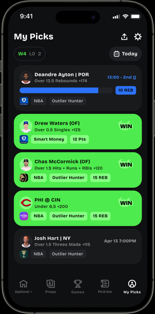 Optimal Bets app showing My Picks tab. 