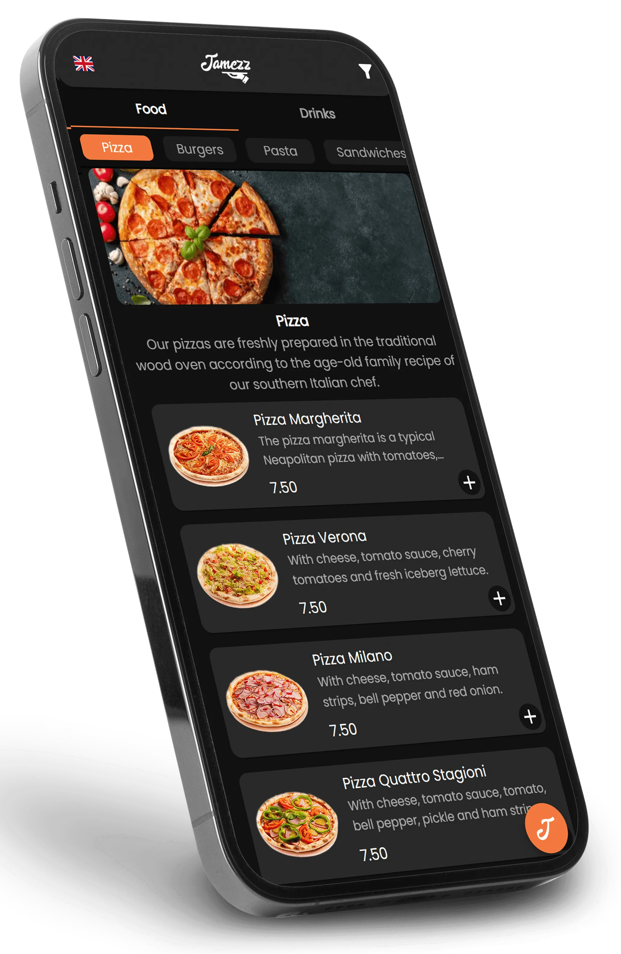 iPhone displaying Jamezz demo app with a dark design showing pizzas available for order.