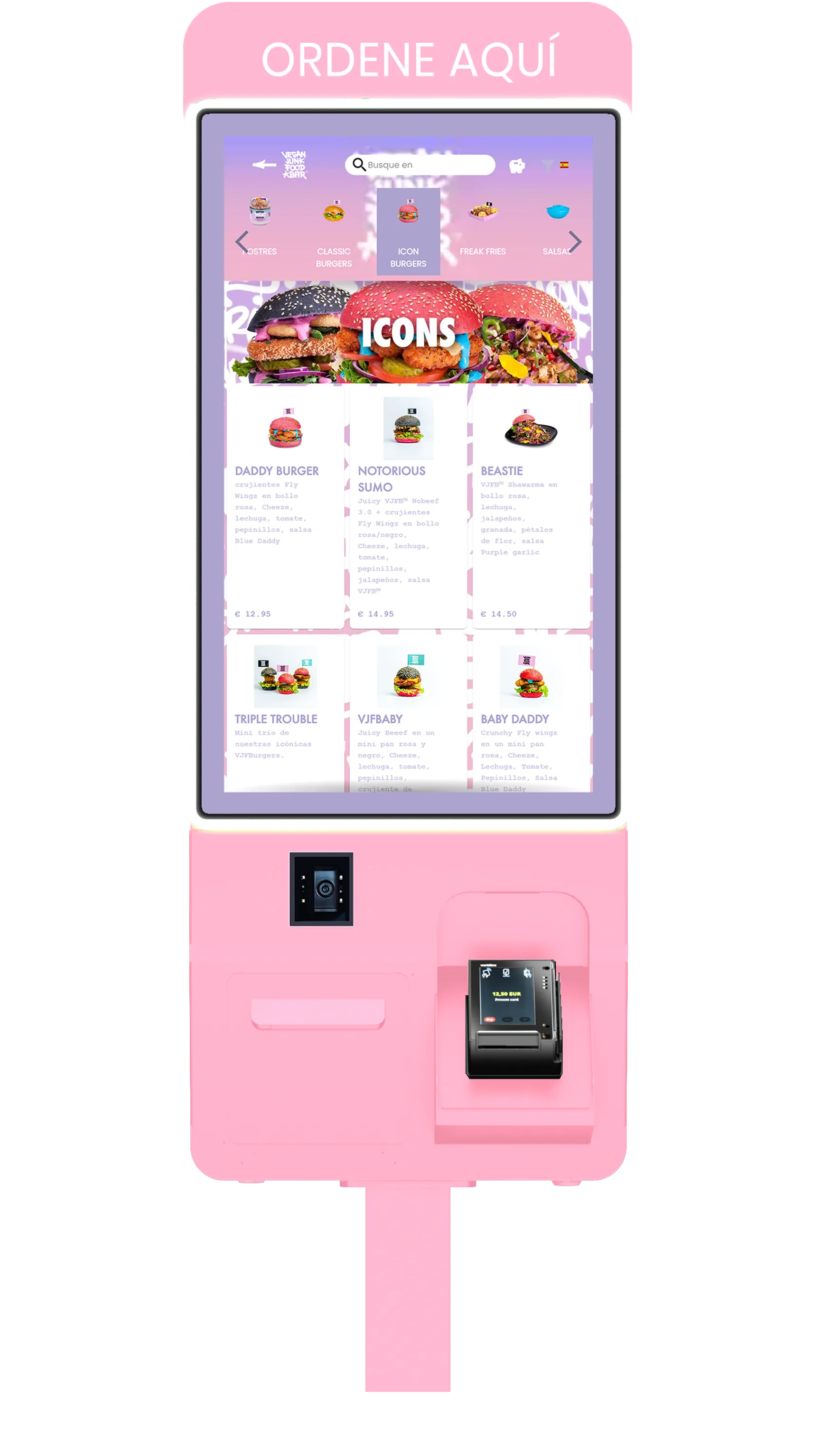 Light pink kiosk displaying a Jamezz screenshot in the Vegan Junkfood Bar style for the kiosk solution.