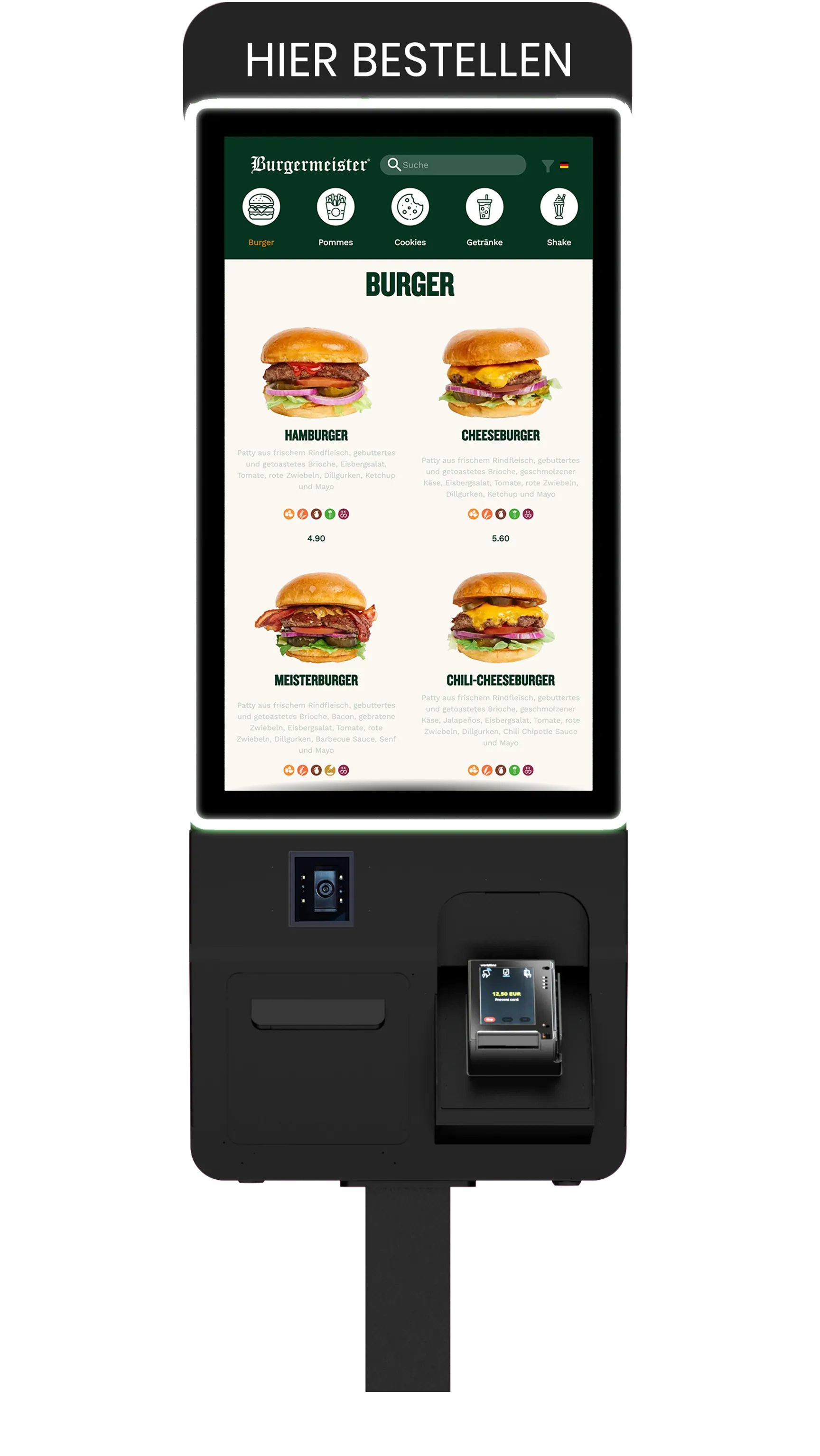 Dark black kiosk displaying a Jamezz screenshot in the BurgerMeister style for the kiosk solution.