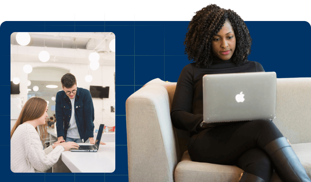 A woman sitting on a couch next to a man on a laptop.