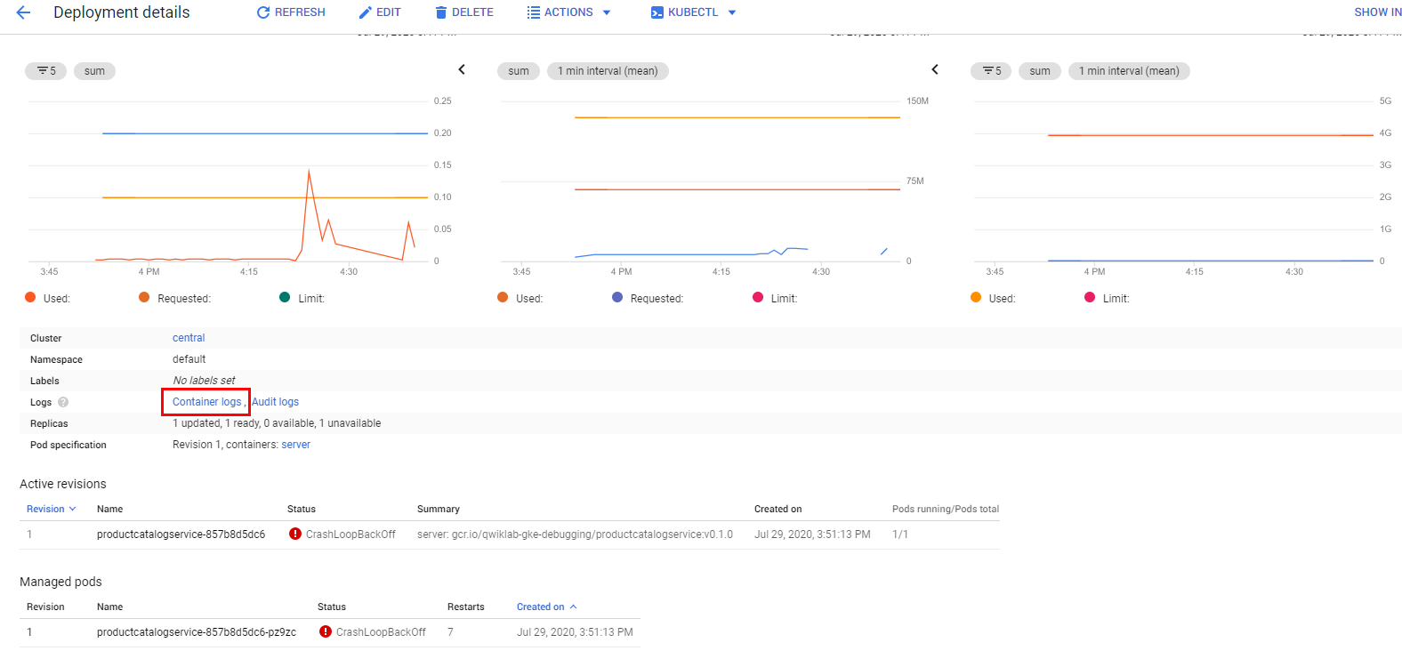 The Container logs link highlighted on the Deployment Details page