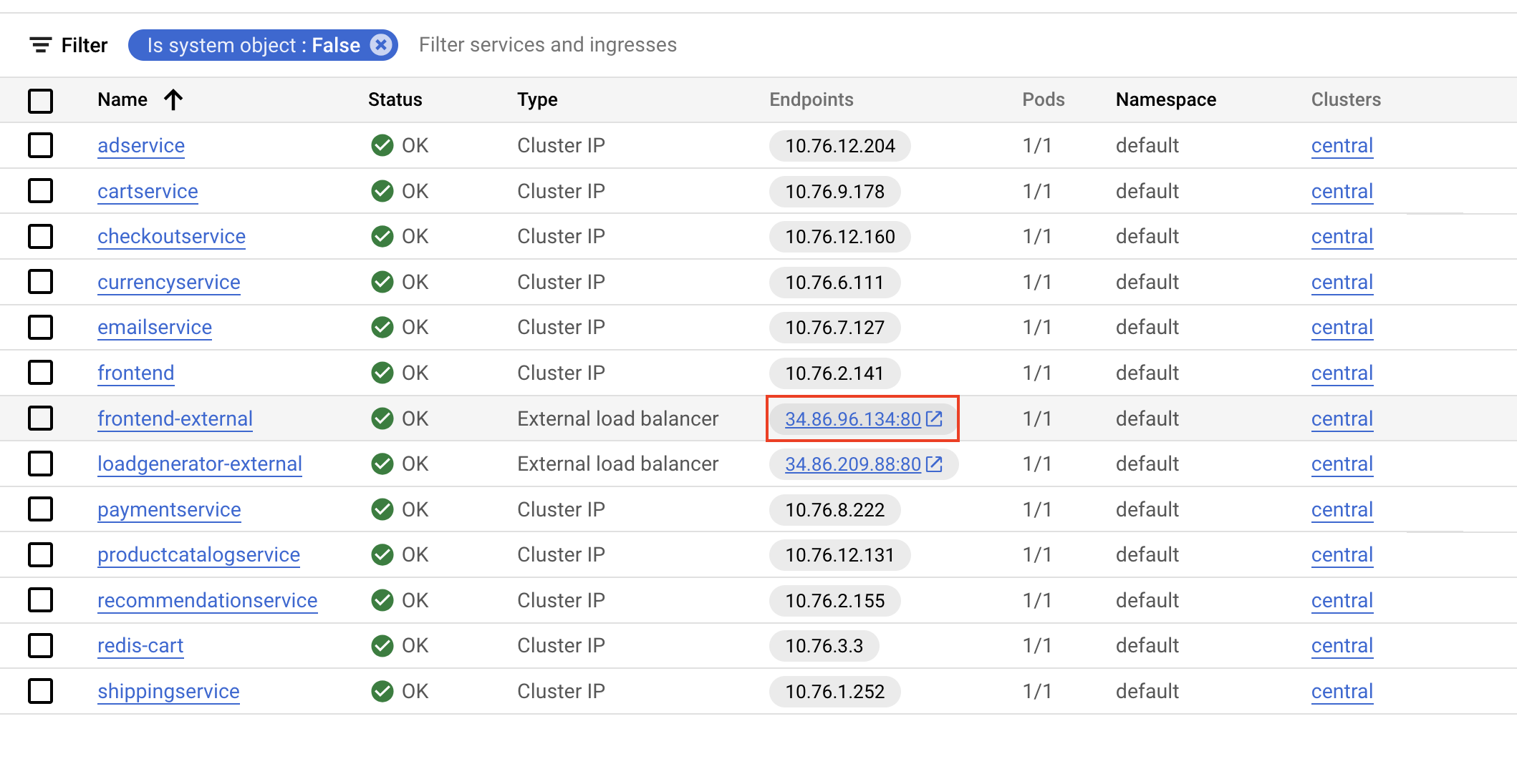 The Services and Ingress page displaying the highlighted frontend-external IP address