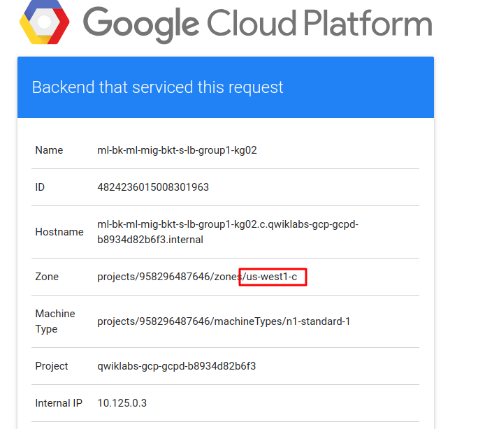 projects/958296487646/zones/us-west1-c というゾーン名の「/us-west1-c」の部分がハイライト表示されている。