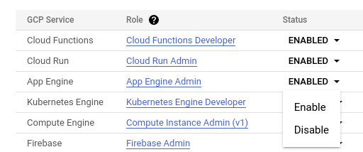 The Enable option hihglighted on the expanded Satatus dropdwon menu alongside Cloud Functions in the UI