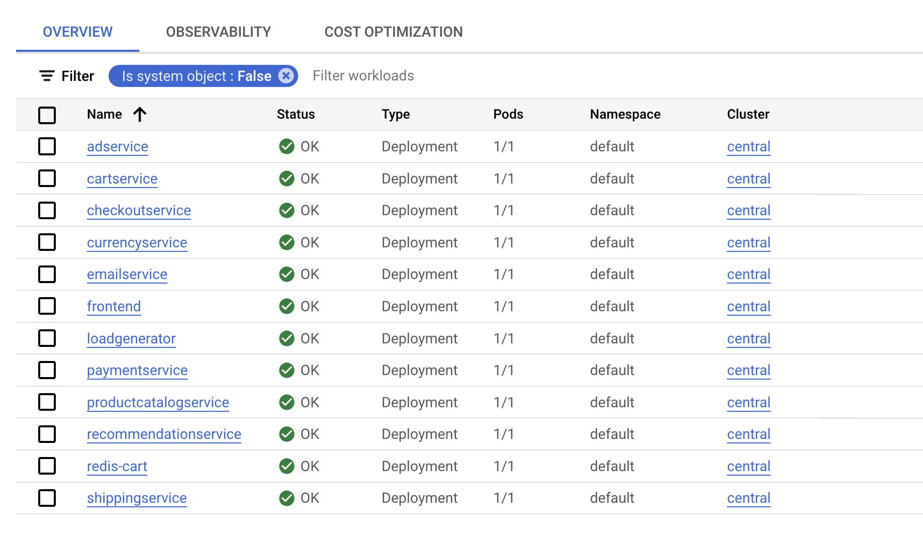 The Workloads page