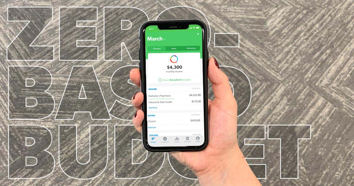 A smart phone displaying the EveryDollar app with a zero-based budget.