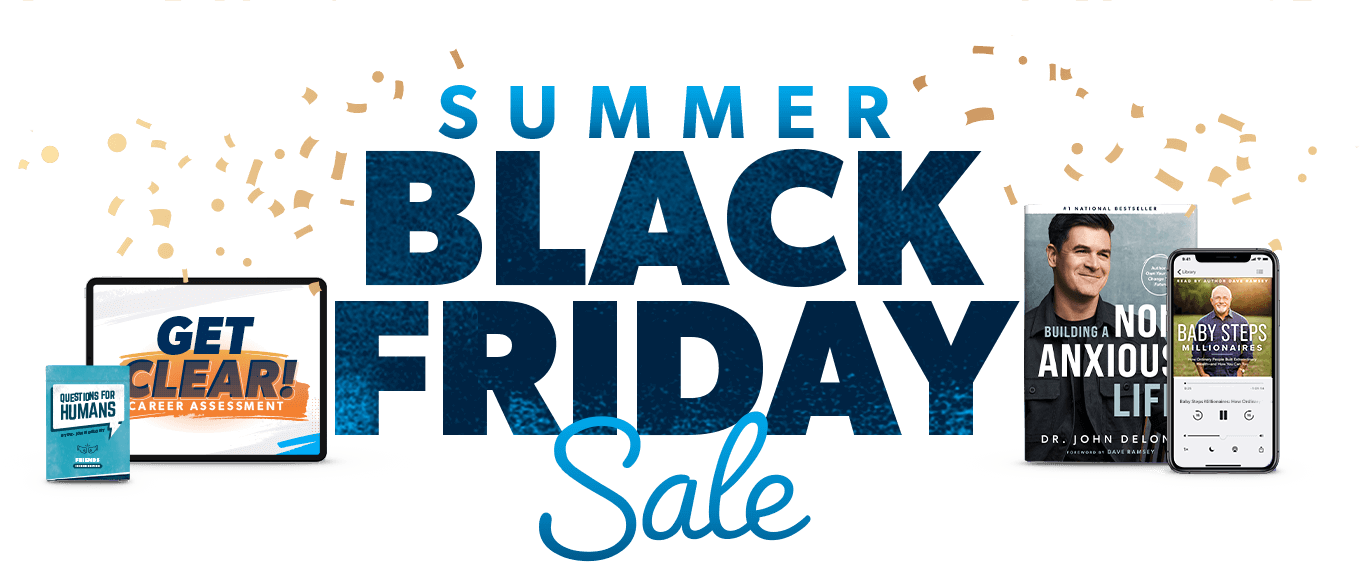 Image that says: "Summer Black Friday Sale" and shows an assortment of books, digital courses, and a deck of conversation cards.