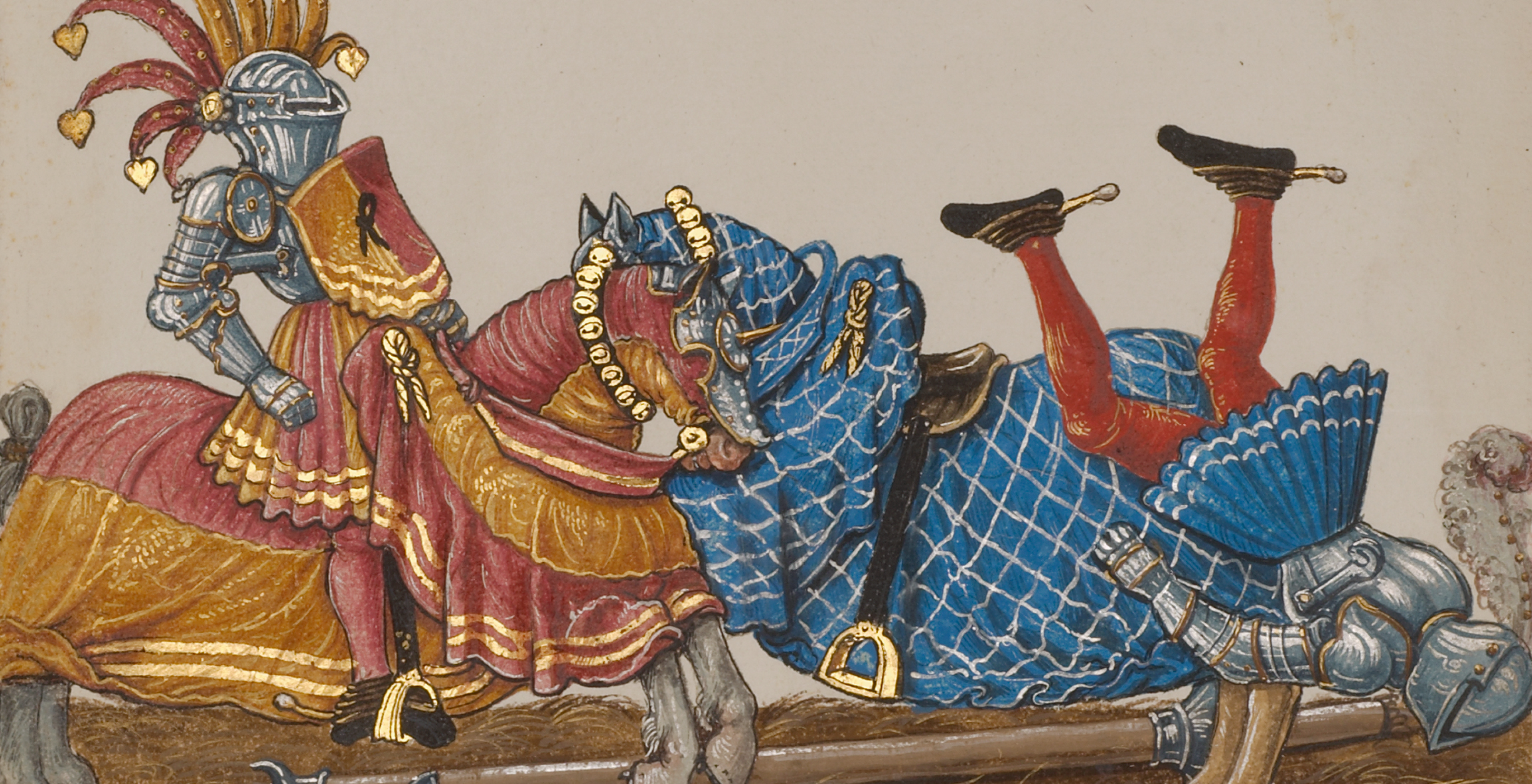 Painting of two figures in metal armor, figure on left rides a horse draped in orange and red fabric, figure on right is facing down, falling off of a horse draped in blue fabric.