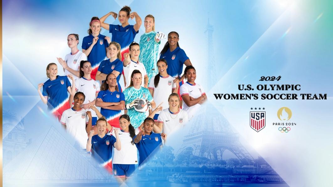 Graphic with text 2024 US Olympic Womens Soccer Team and the 18 players who are on the team