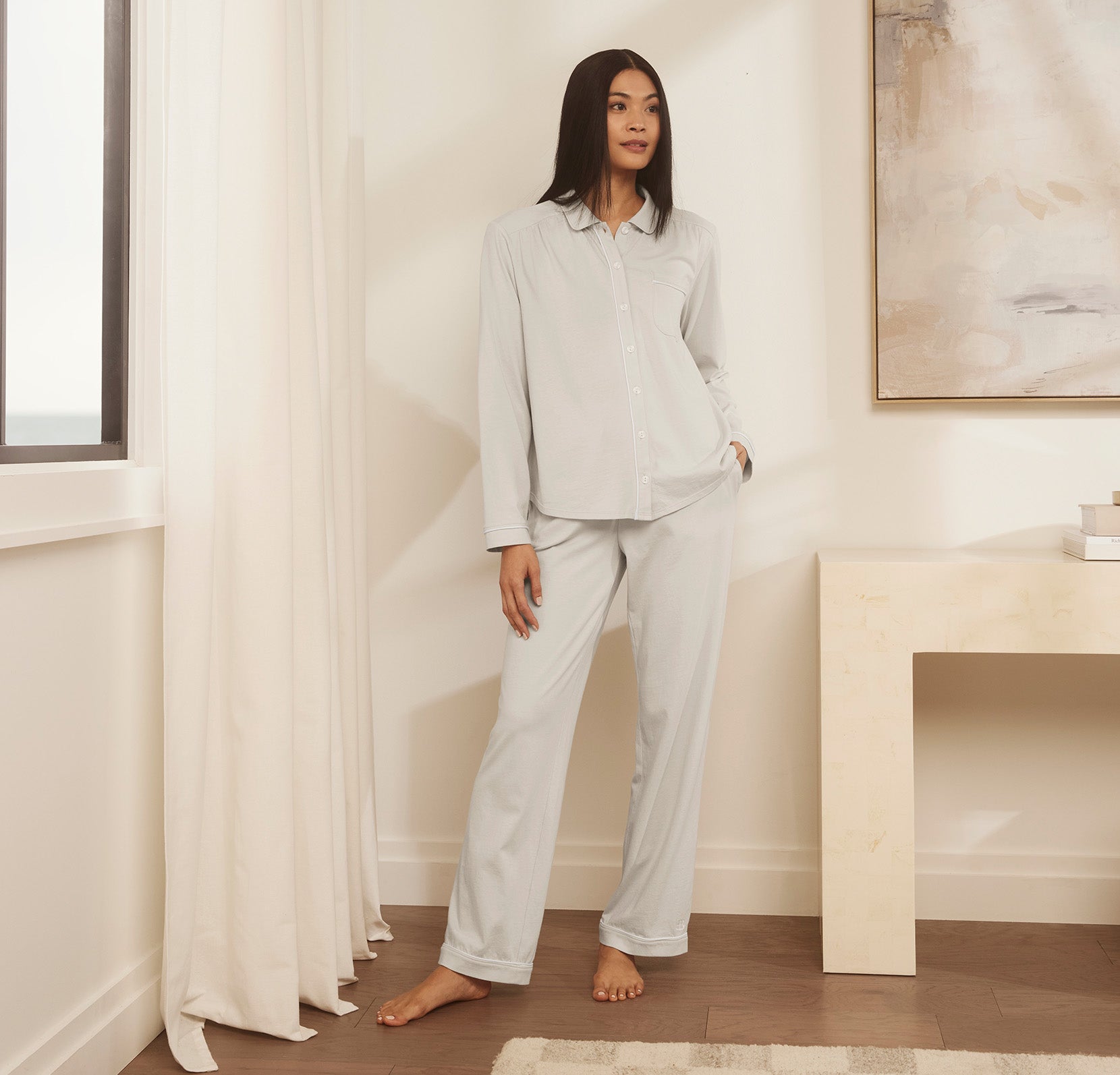 Women's Soft Knit Long Sleeve & Pants Pajama Set in Mist