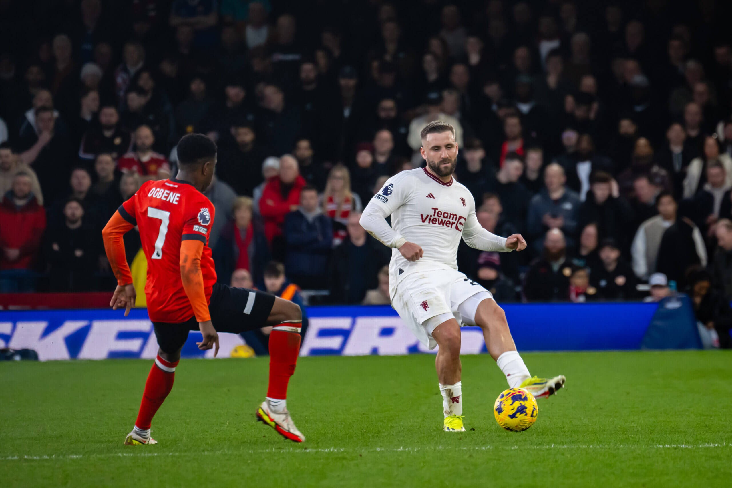 Shaw suffered a recurrence of a hamstring injury at Luton in February (Ash Donelon/Manchester United via Getty Images)