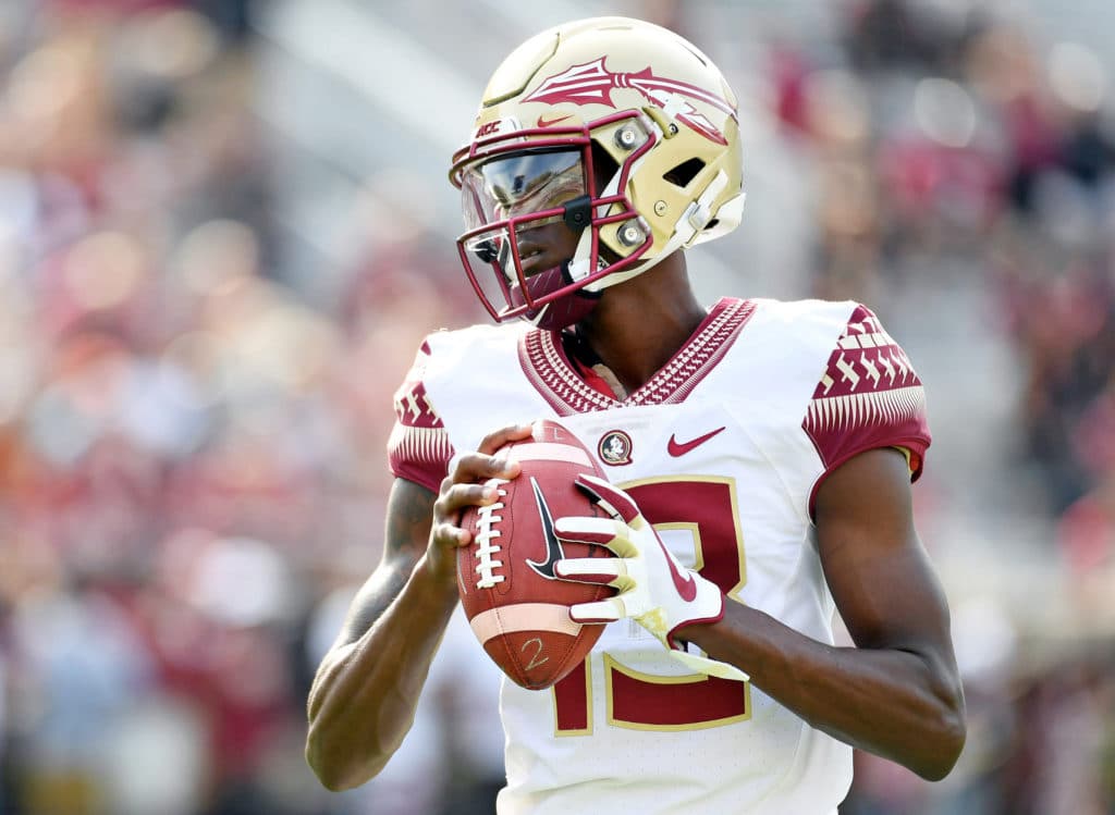 Apr 14, 2018; Tallahassee, Florida, USA; Florida State Seminoles quarterback James Blackman (13) before the start of the Garnet and Gold Spring Game at Doak Campbell Stadium. Mandatory Credit: Melina Myers-USA TODAY Sports