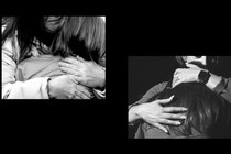 Two black-and-white images of adults hugging children