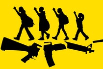 A silhouette of four students protesting on top of a broken assault rifle