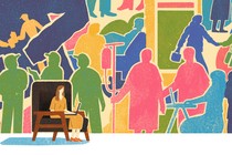 A woman sits in a chair with a laptop on her knees. Behind her is a collage of colorful silhouettes of friends.