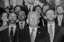 A black-and-white photo of Donald Trump and entourage at the RNC