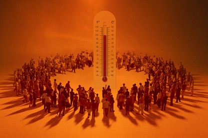 A super-tall thermometer surrounded by a circle of people