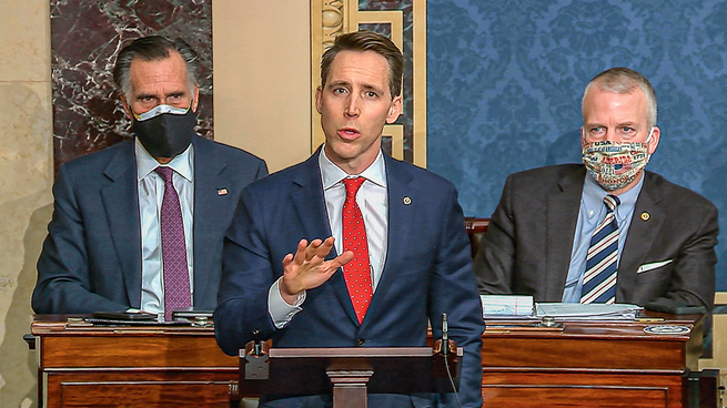 A screen grab of Josh Hawley's speech from Senate TV.