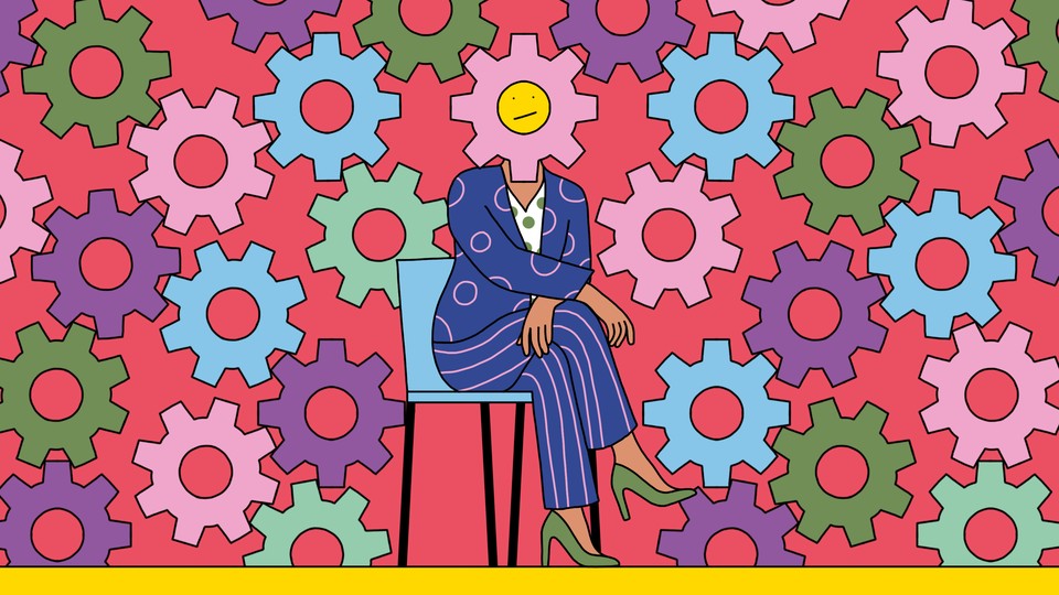 An illustration of a woman in high heels and a colorful suit; her head is overlaid with a giant gear with a frowny face on it, and the gear is meshed with a large system of other gears